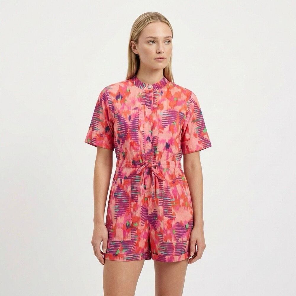 Maria Cher Ursula Romper Small Pink Ikat Abstract Organic Cotton Button Front